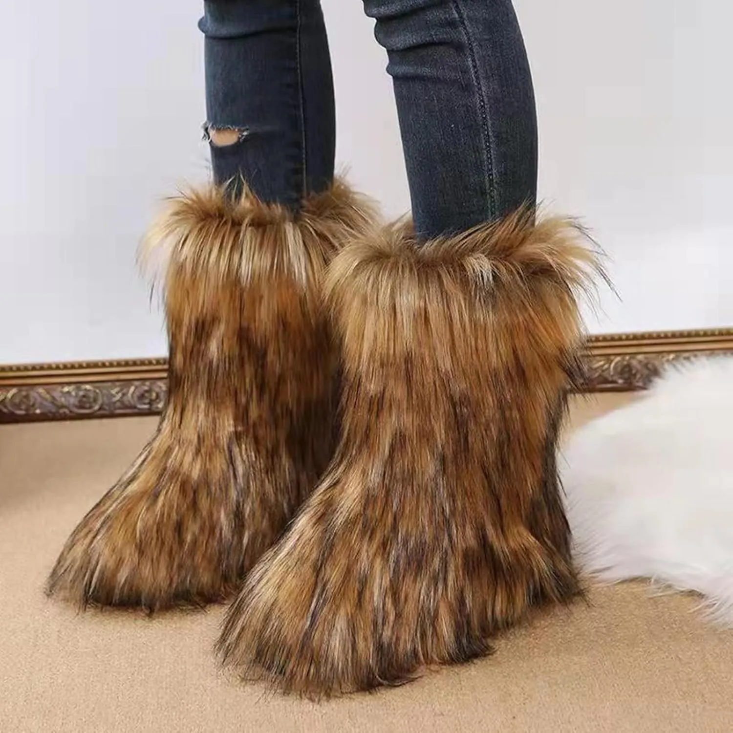 Furry Faux Fur Boots for Women Outdoor Flat Shoes Winter Warm Fuzzy Fluffy Furry Ankle Boots Mid Calf Snow Booties