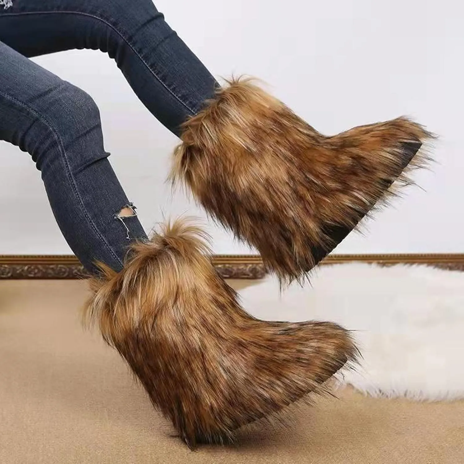 Furry Faux Fur Boots for Women Outdoor Flat Shoes Winter Warm Fuzzy Fluffy Furry Ankle Boots Mid Calf Snow Booties