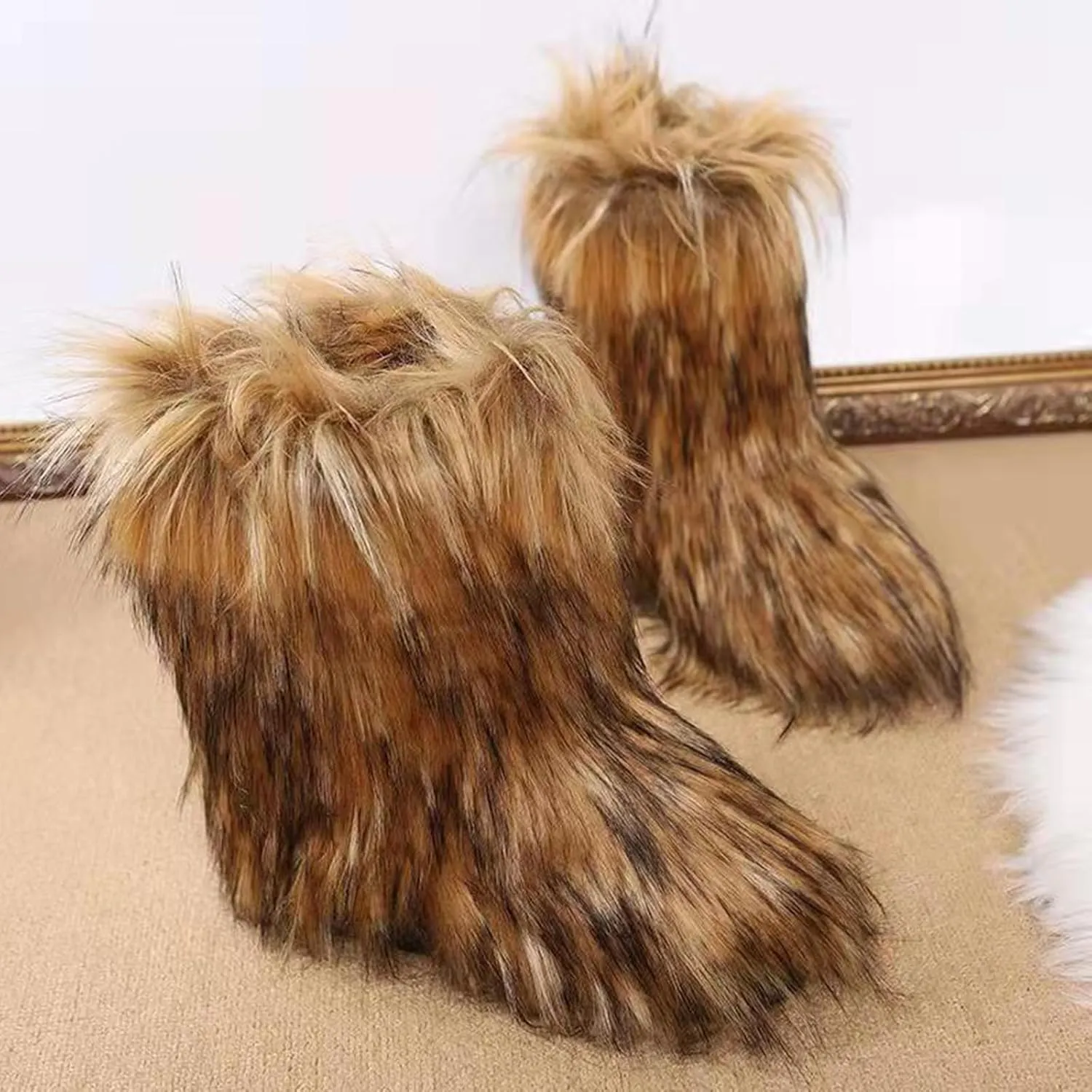 Furry Faux Fur Boots for Women Outdoor Flat Shoes Winter Warm Fuzzy Fluffy Furry Ankle Boots Mid Calf Snow Booties