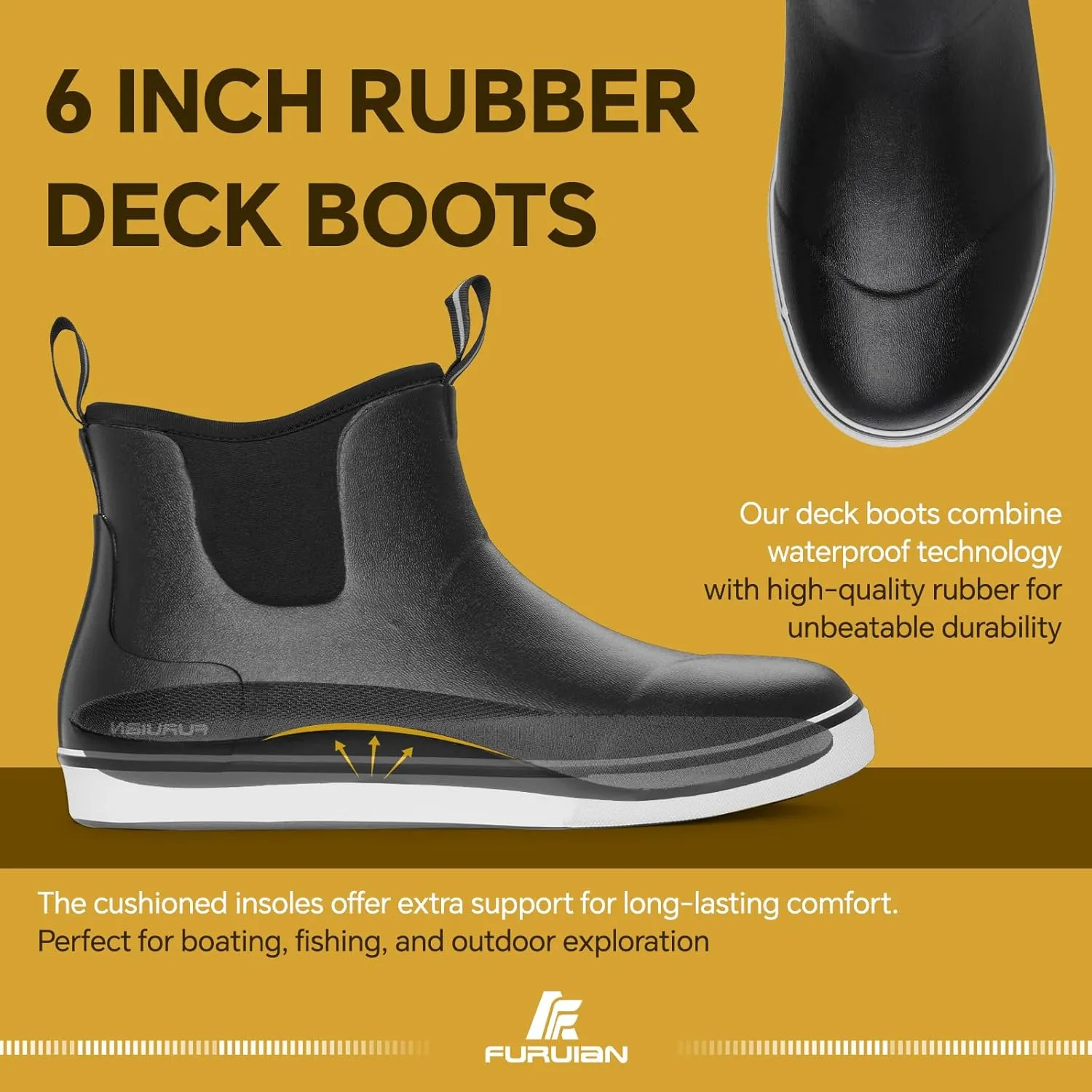 Furuian Men's Deck Boots Fishing Boots Waterproof Rain Boots Ankle Booties Slip On Neoprene Rubber Footwear Chelsea Boots Men botas para hombre for Gardening Fishing Boating Camping Sailing