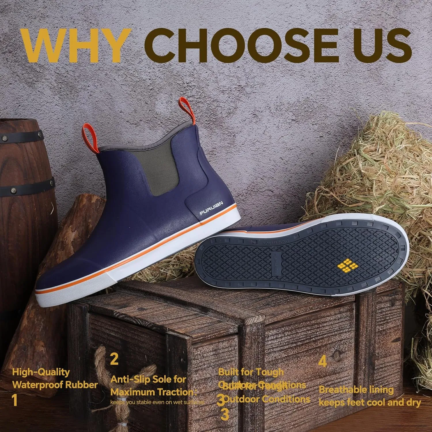 Furuian Men's Deck Boots Fishing Boots Waterproof Rain Boots Ankle Booties Slip On Neoprene Rubber Footwear Chelsea Boots Men botas para hombre for Gardening Fishing Boating Camping Sailing