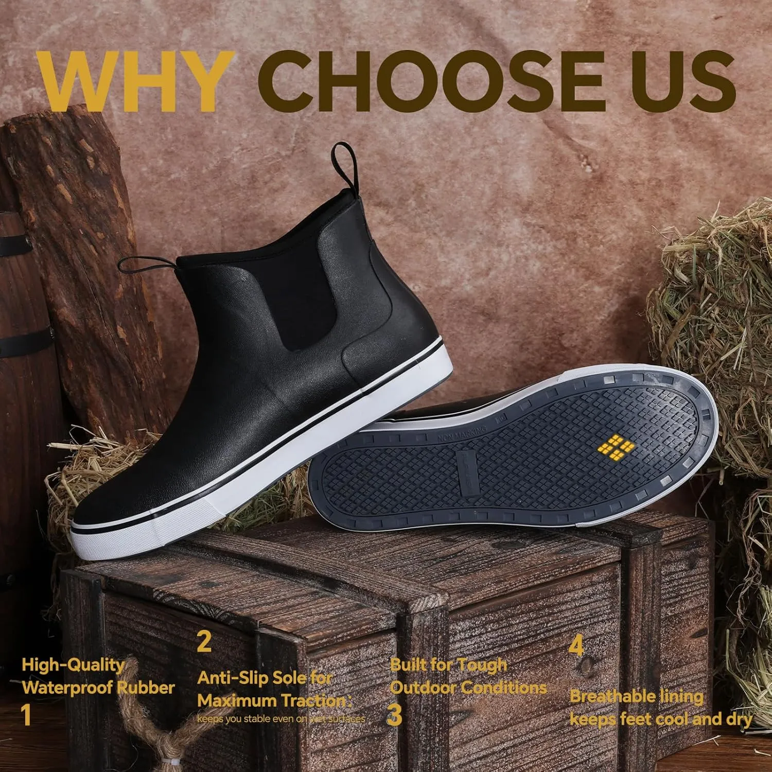 Furuian Men's Deck Boots Fishing Boots Waterproof Rain Boots Ankle Booties Slip On Neoprene Rubber Footwear Chelsea Boots Men botas para hombre for Gardening Fishing Boating Camping Sailing