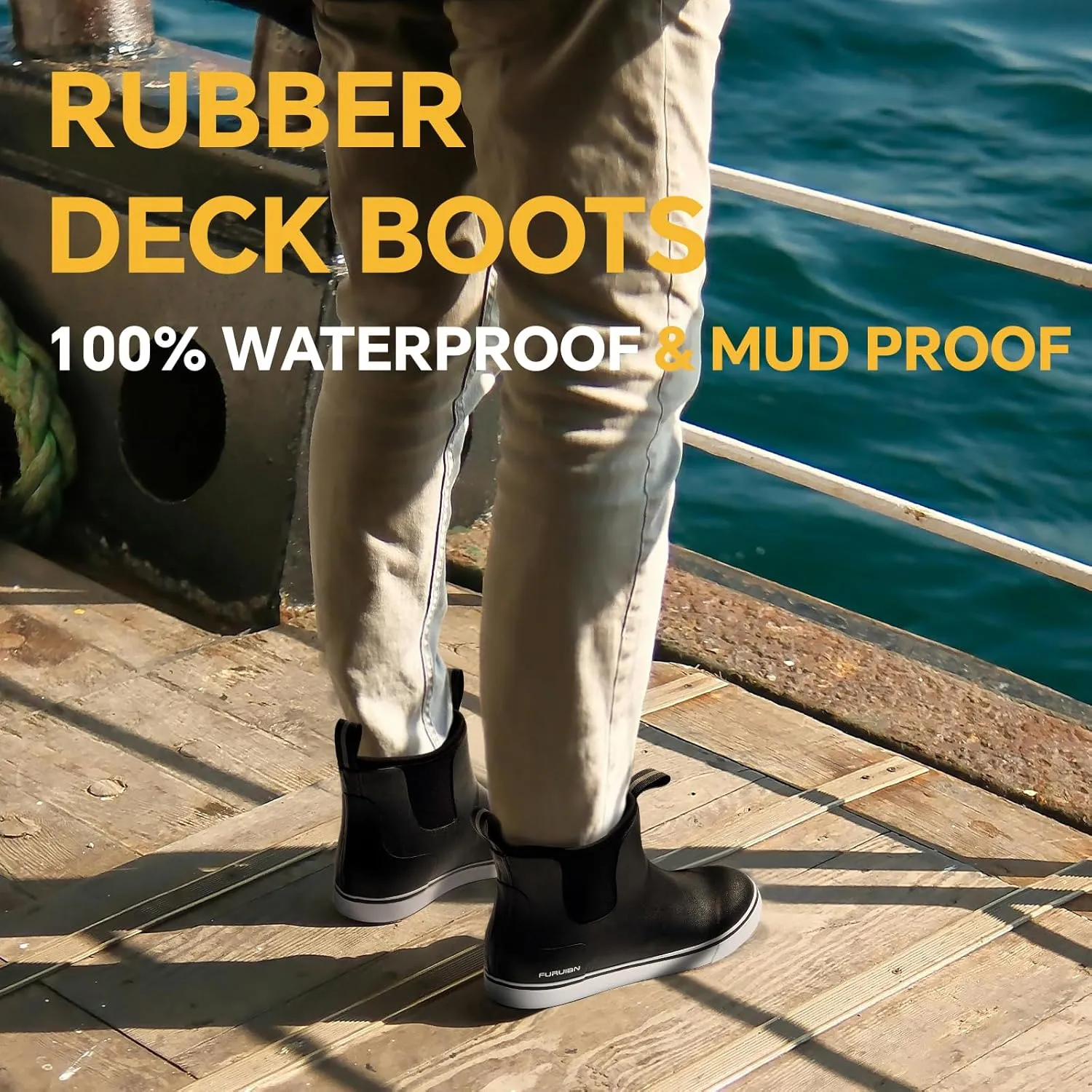 Furuian Men's Deck Boots Fishing Boots Waterproof Rain Boots Ankle Booties Slip On Neoprene Rubber Footwear Chelsea Boots Men botas para hombre for Gardening Fishing Boating Camping Sailing