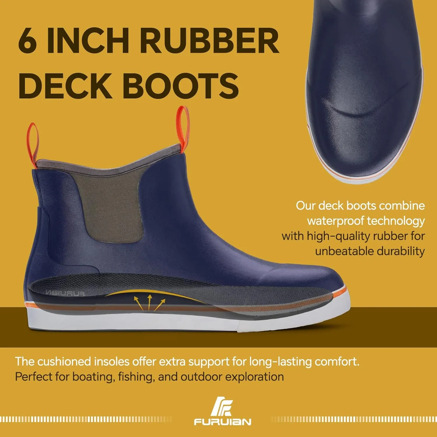 Furuian Men's Deck Boots Fishing Boots Waterproof Rain Boots Ankle Booties Slip On Neoprene Rubber Footwear Chelsea Boots Men botas para hombre for Gardening Fishing Boating Camping Sailing