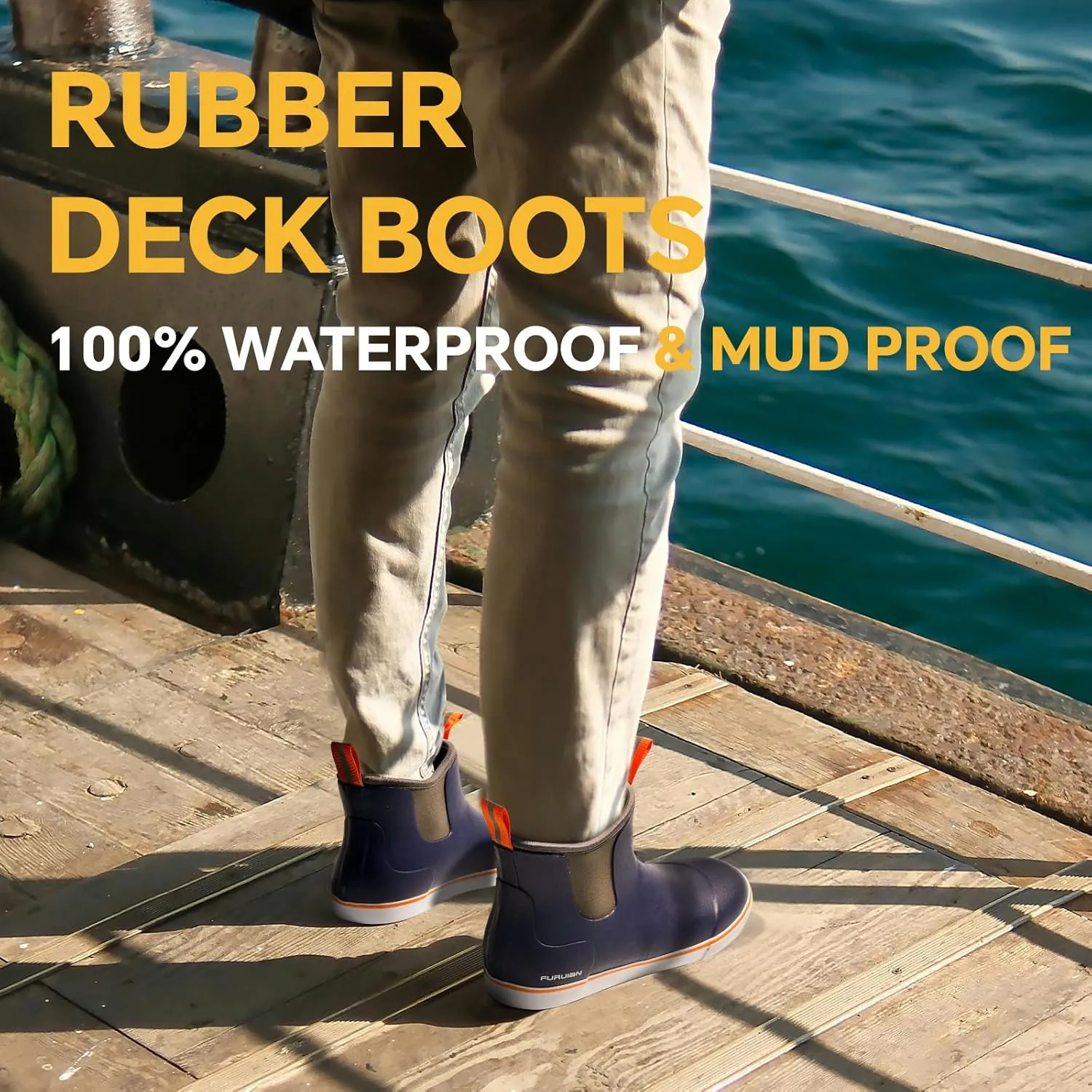 Furuian Men's Deck Boots Fishing Boots Waterproof Rain Boots Ankle Booties Slip On Neoprene Rubber Footwear Chelsea Boots Men botas para hombre for Gardening Fishing Boating Camping Sailing