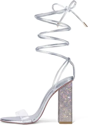 GENSHUO Sexy Strappy Rhinestone Chunky Sandals for Women Lace-up High Heels Transparent Open Toe Party Wedding Homecoming Shoes