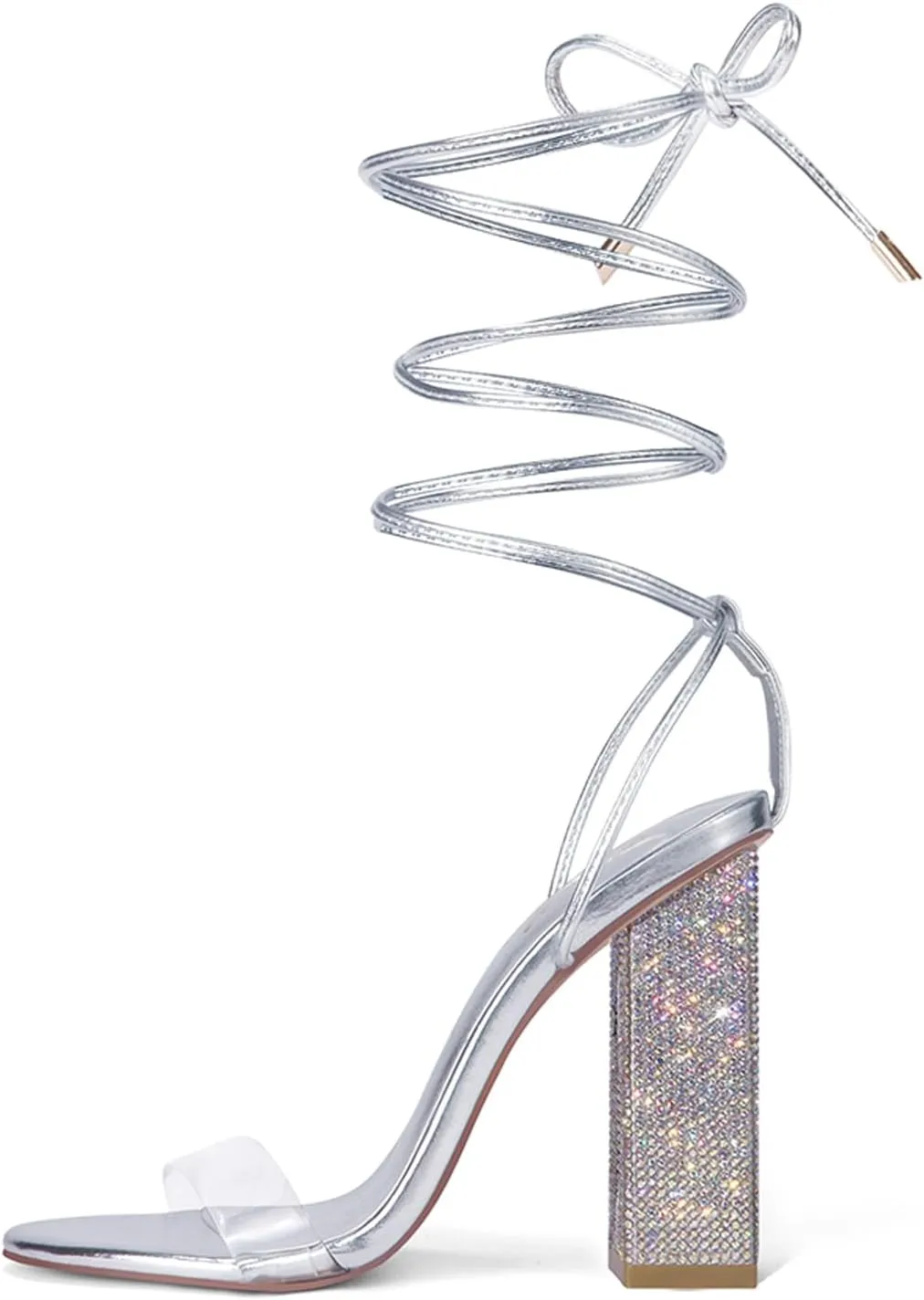 GENSHUO Sexy Strappy Rhinestone Chunky Sandals for Women Lace-up High Heels Transparent Open Toe Party Wedding Homecoming Shoes