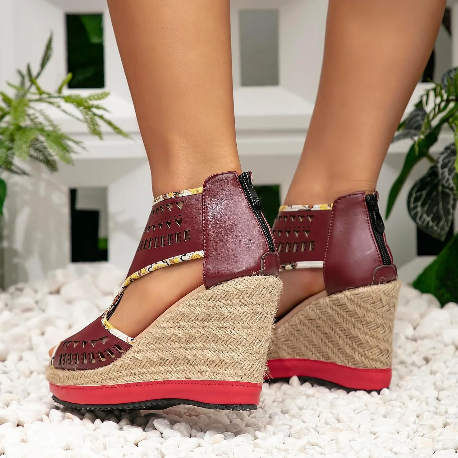 getmorebeauty Women's Hollow Boho Wedge Sandals Open Toe Back Zipper High Heel Platform Dress Shoes