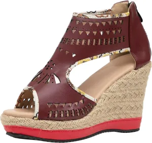 getmorebeauty Women's Hollow Boho Wedge Sandals Open Toe Back Zipper High Heel Platform Dress Shoes