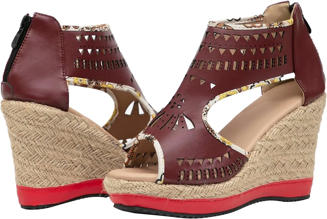 getmorebeauty Women's Hollow Boho Wedge Sandals Open Toe Back Zipper High Heel Platform Dress Shoes