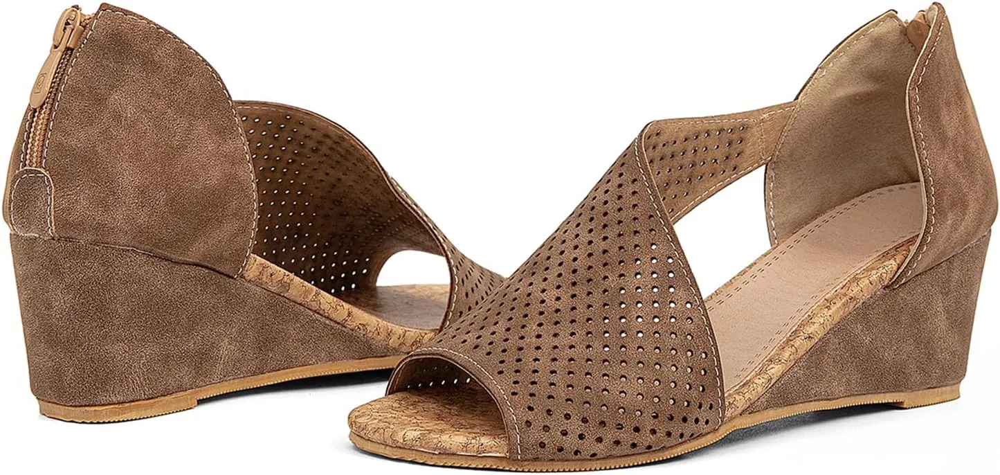 getmorebeauty Women's Side Cutout Wedge Sandals Back Zipper Open Toe Slides Breathable Hollow Mid Heel Summer Shoes