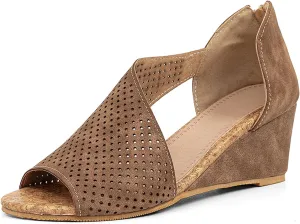 getmorebeauty Women's Side Cutout Wedge Sandals Back Zipper Open Toe Slides Breathable Hollow Mid Heel Summer Shoes