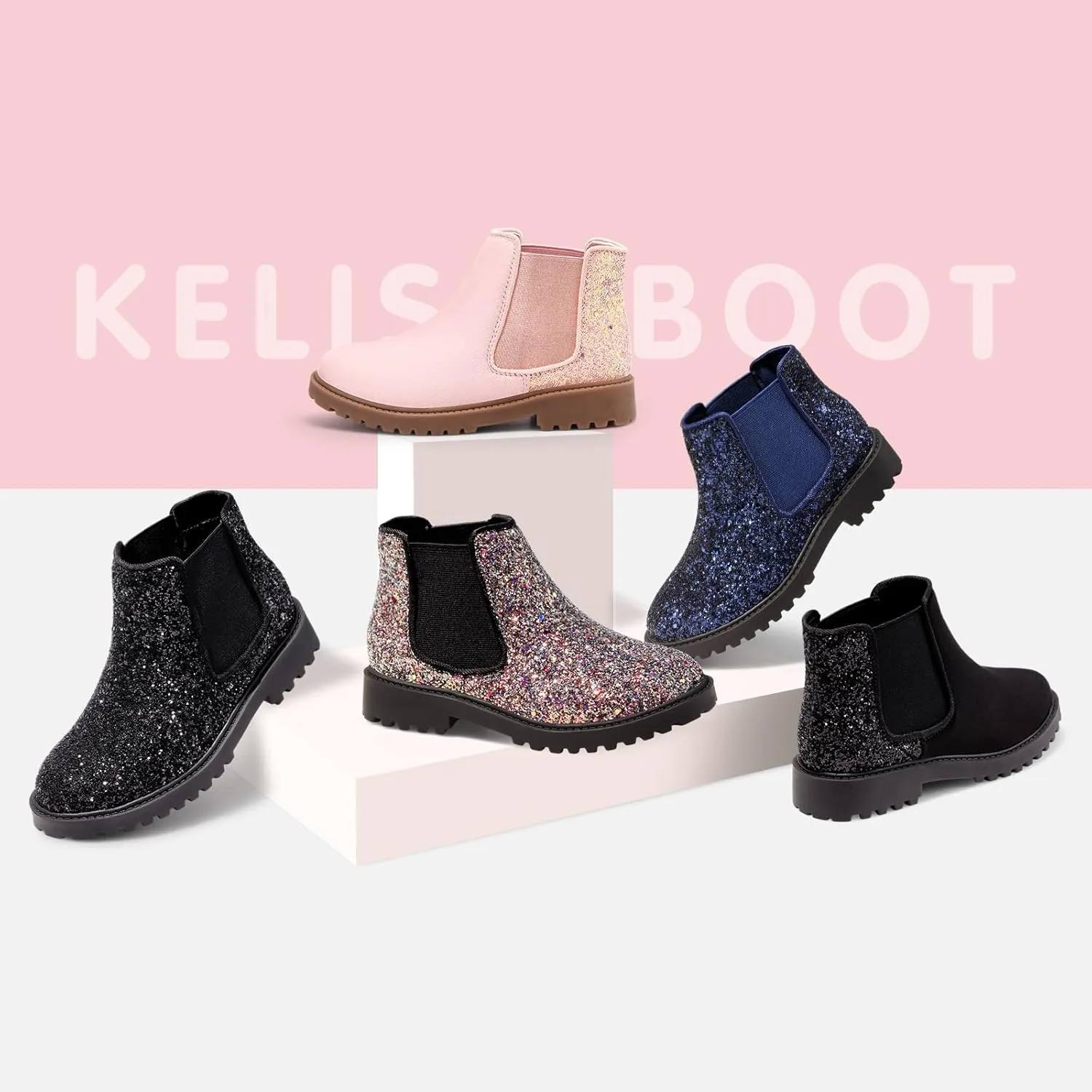 Girls Boots Kids Platform Ankle Boots Glitter Winter Boots For Teen Girls Toddler Boots Elastic Low Heel Girls Booties For Little Kids/Big Kids