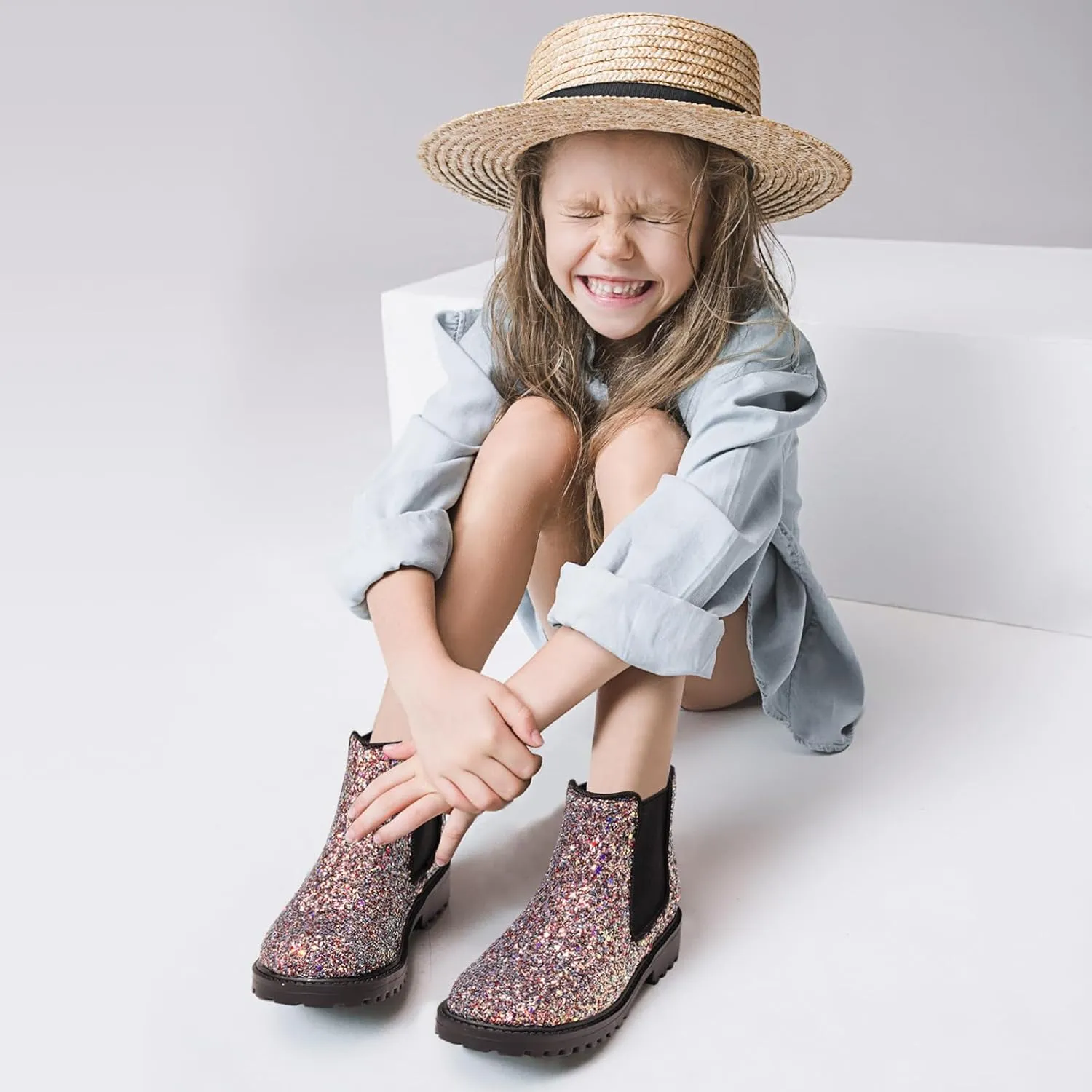 Girls Boots Kids Platform Ankle Boots Glitter Winter Boots For Teen Girls Toddler Boots Elastic Low Heel Girls Booties For Little Kids/Big Kids