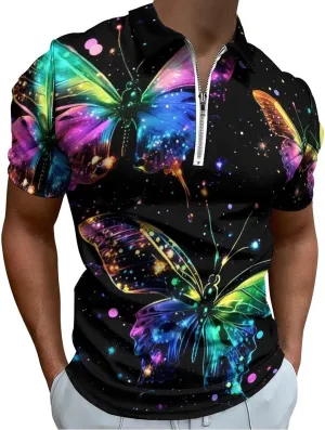 Glowing Colorful Butterfly Short Sleeve Polo Shirt Slim Fit Tops Casual Workout Golf T Shirt Zippered Tees for Men