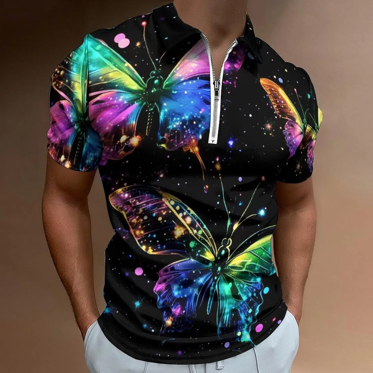 Glowing Colorful Butterfly Short Sleeve Polo Shirt Slim Fit Tops Casual Workout Golf T Shirt Zippered Tees for Men