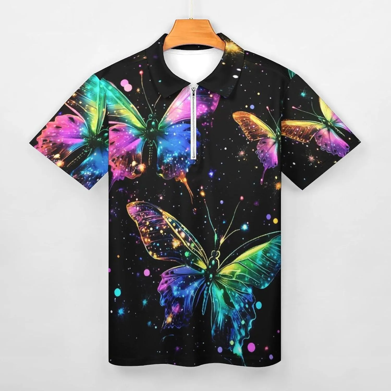 Glowing Colorful Butterfly Short Sleeve Polo Shirt Slim Fit Tops Casual Workout Golf T Shirt Zippered Tees for Men