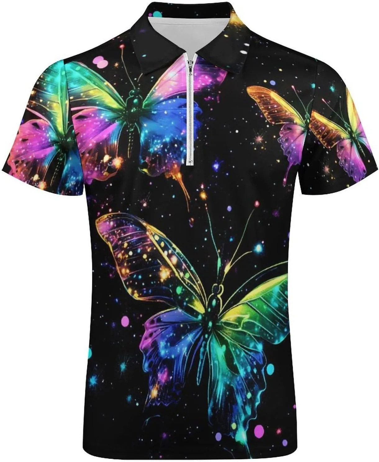 Glowing Colorful Butterfly Short Sleeve Polo Shirt Slim Fit Tops Casual Workout Golf T Shirt Zippered Tees for Men