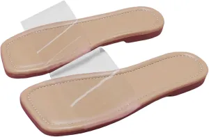 GORGLITTER Girl's Clear Sandals Dressy Flat Sandals PU Leather Open Toe Slip On Slide Sandals Beige Clear 3.5