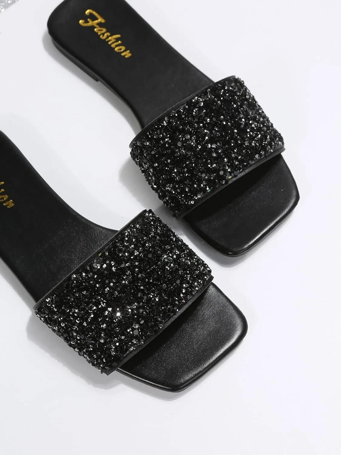 GORGLITTER Glitter Sandals Sparkly Sandals Casual Rhinestone Slides Bling Open Toe Sandals