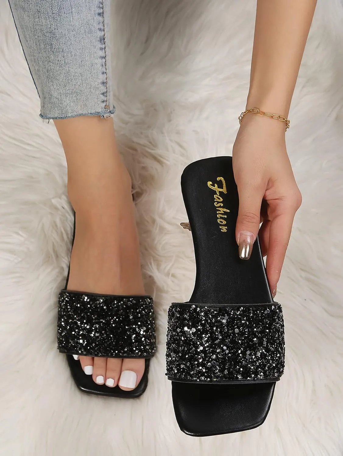 GORGLITTER Glitter Sandals Sparkly Sandals Casual Rhinestone Slides Bling Open Toe Sandals