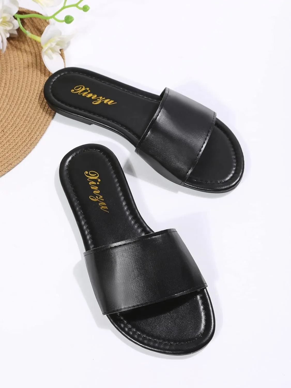 GORGLITTER PU Leather Flat Sandals Open Toe Slip On Slides Sandals