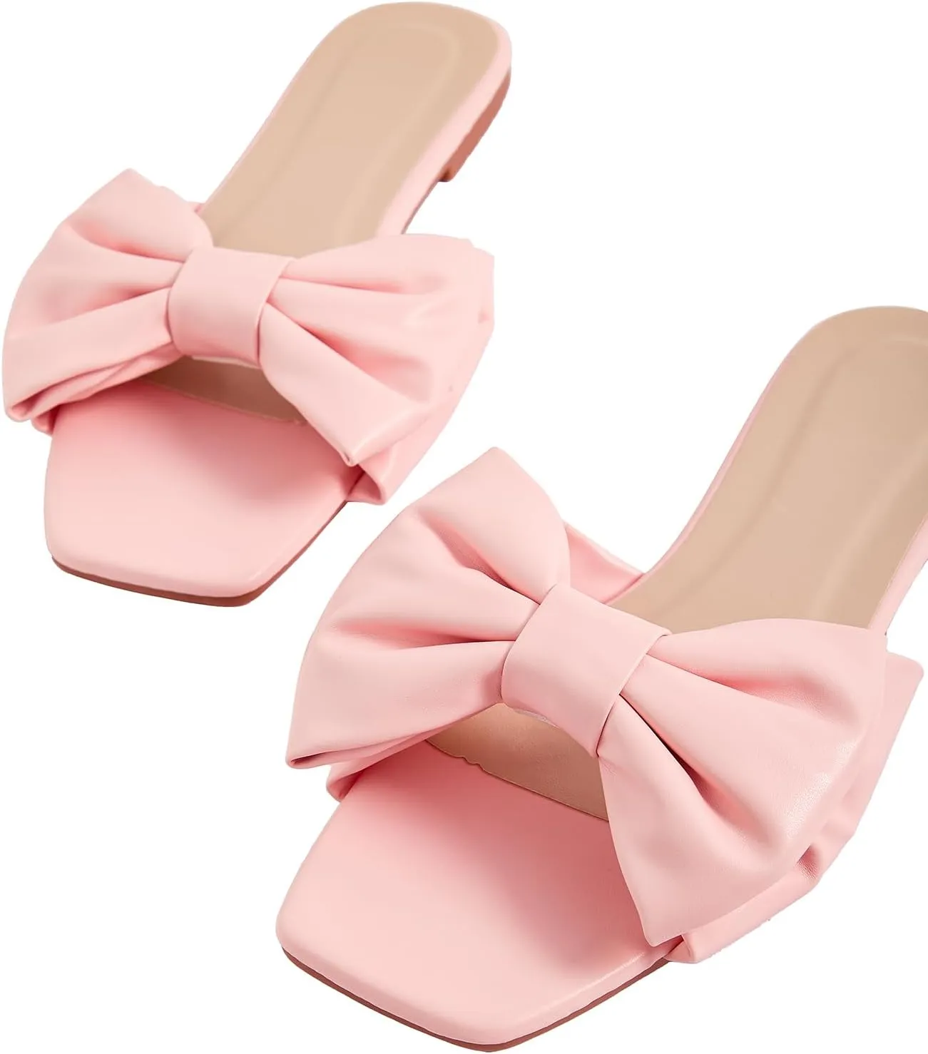 GORGLITTER Women's Bow Flat Sandals Dressy Square Open Toe Sandals Comfortable Slip On Slide Sandals