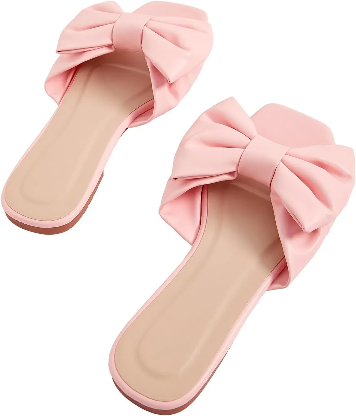GORGLITTER Women's Bow Flat Sandals Dressy Square Open Toe Sandals Comfortable Slip On Slide Sandals