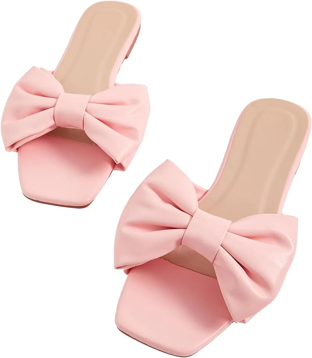 GORGLITTER Women's Bow Flat Sandals Dressy Square Open Toe Sandals Comfortable Slip On Slide Sandals
