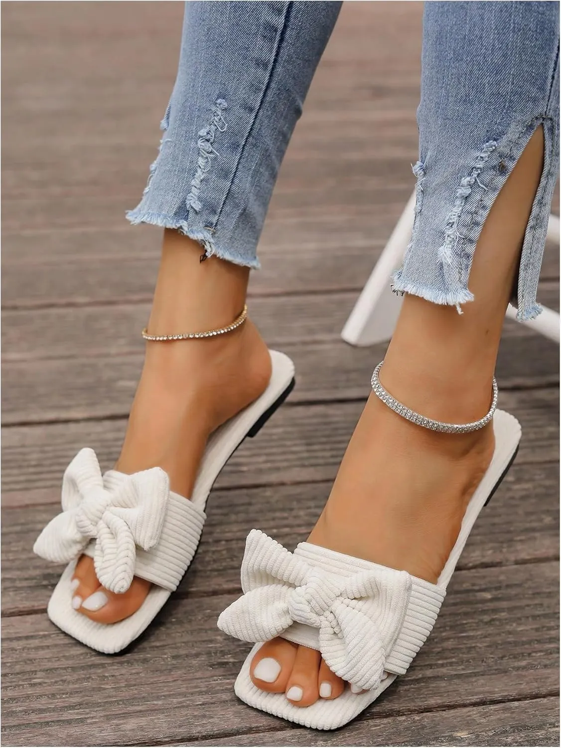 GORGLITTER Women's Bow Sandals Wedding Sandals for Bride Square Open Toe Flats Summer Dressy Slides