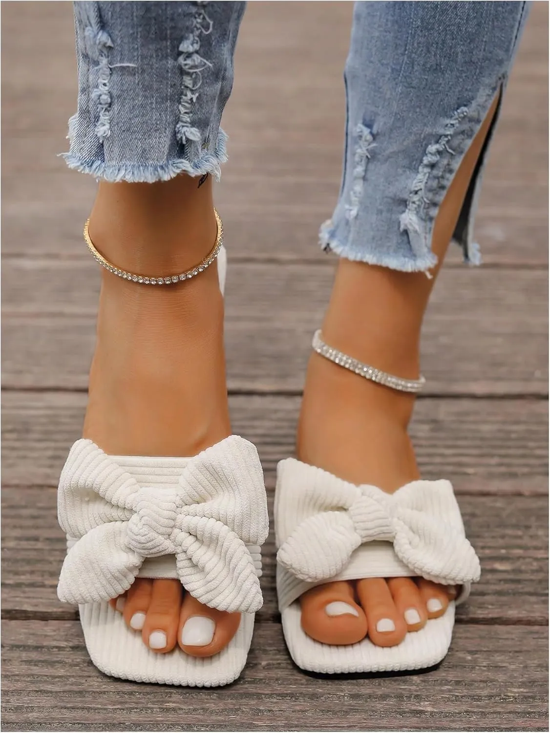 GORGLITTER Women's Bow Sandals Wedding Sandals for Bride Square Open Toe Flats Summer Dressy Slides