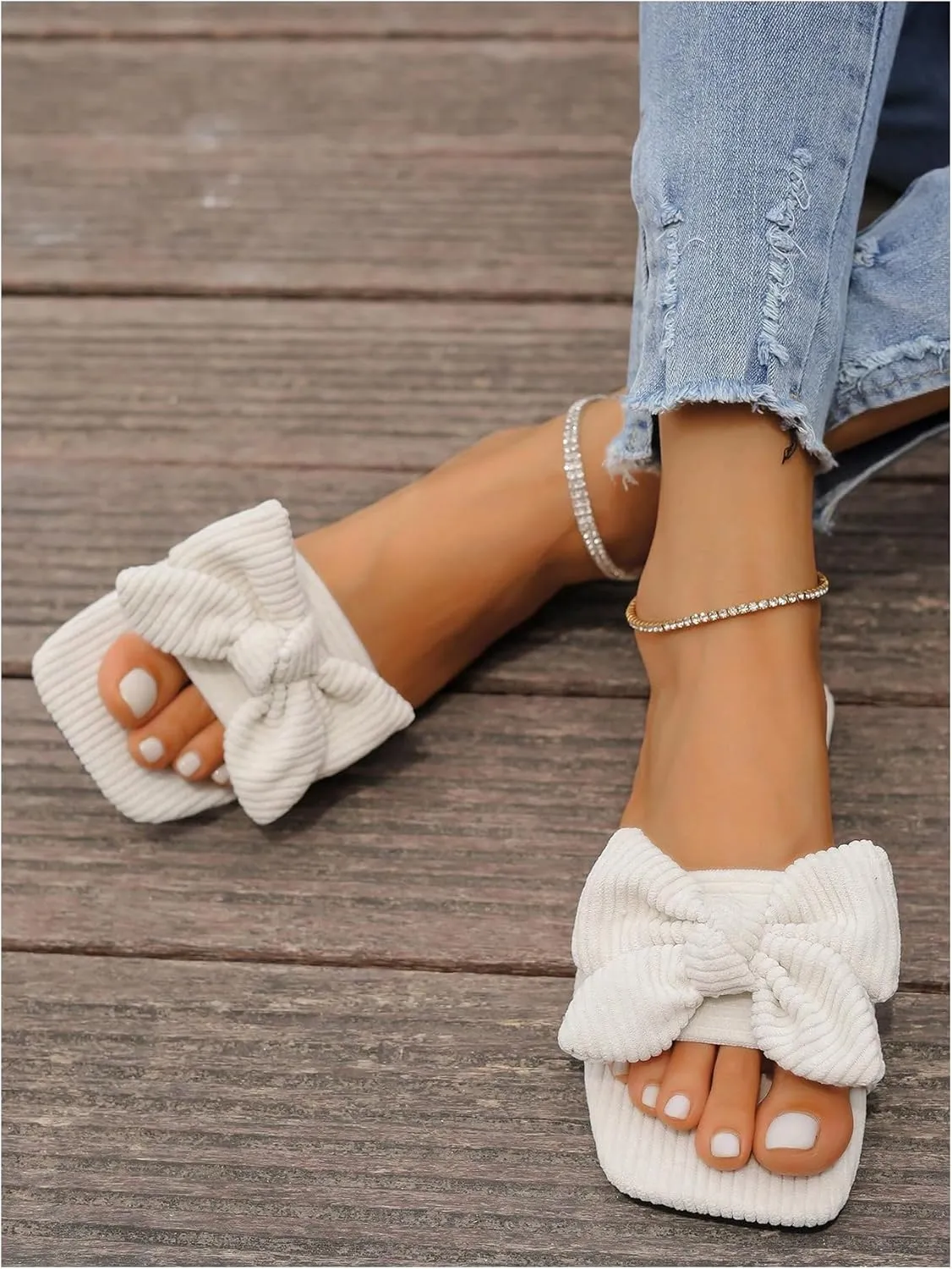 GORGLITTER Women's Bow Sandals Wedding Sandals for Bride Square Open Toe Flats Summer Dressy Slides