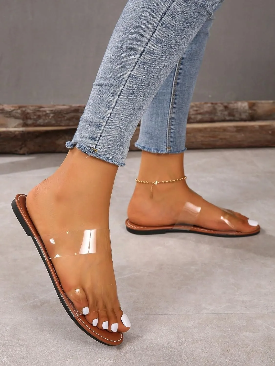 GORGLITTER Women's Clear Sandals Open Toe Transparent Two Strap Sandals Clear Slide Sandals