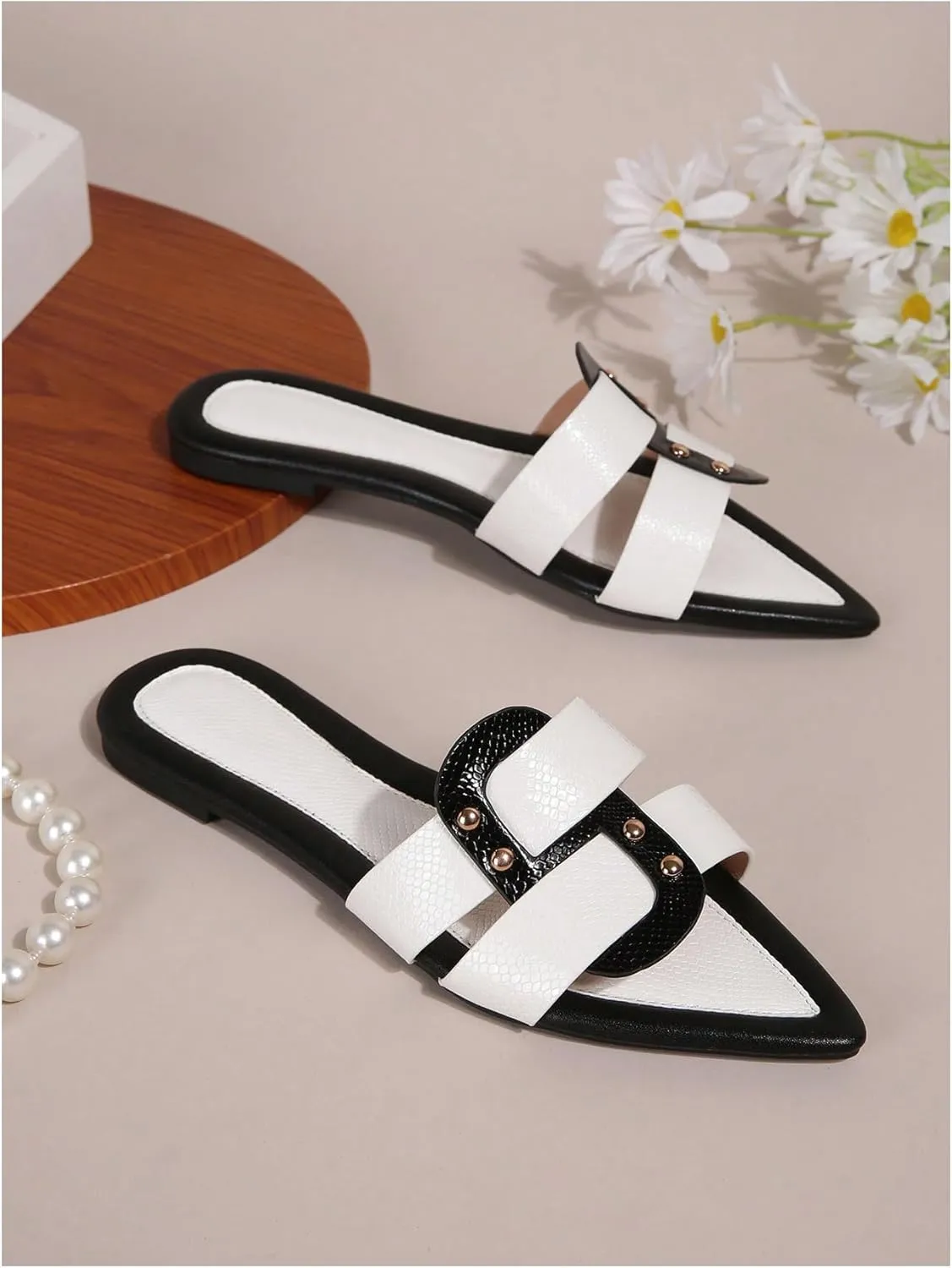 GORGLITTER Women's Color Block Flat Sandals Point Open Toe Slip On Dressy Summer Mules Slides