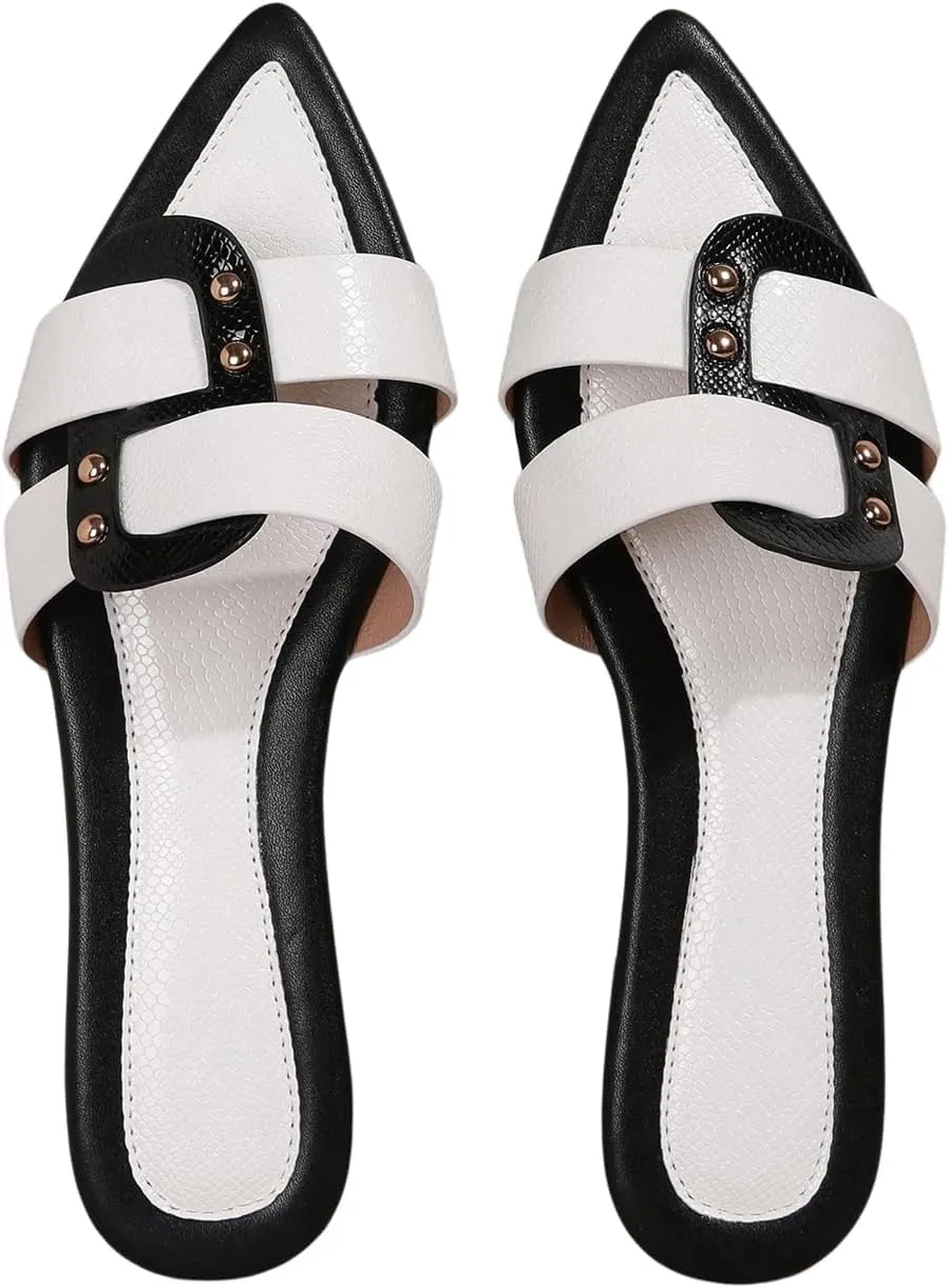 GORGLITTER Women's Color Block Flat Sandals Point Open Toe Slip On Dressy Summer Mules Slides