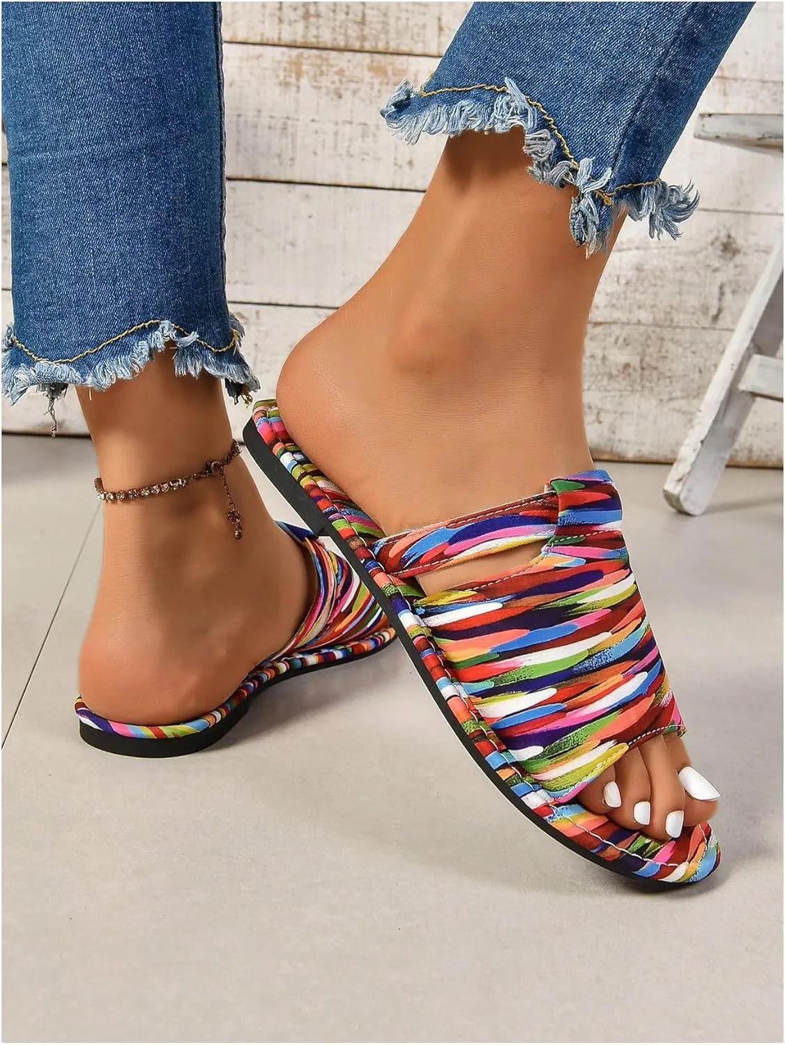 GORGLITTER Women's Rainbow Vacation Shoes Cut Out Open Toe Flat Sandals