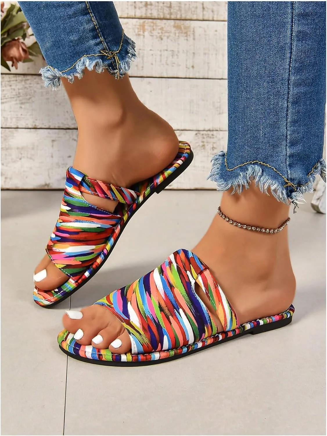 GORGLITTER Women's Rainbow Vacation Shoes Cut Out Open Toe Flat Sandals