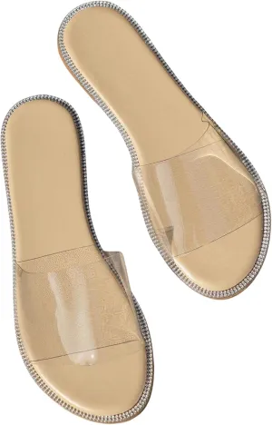GORGLITTER Women's Rhinestone Clear Flat Sandals Dressy Open Toe Slide Comfrot Sandals