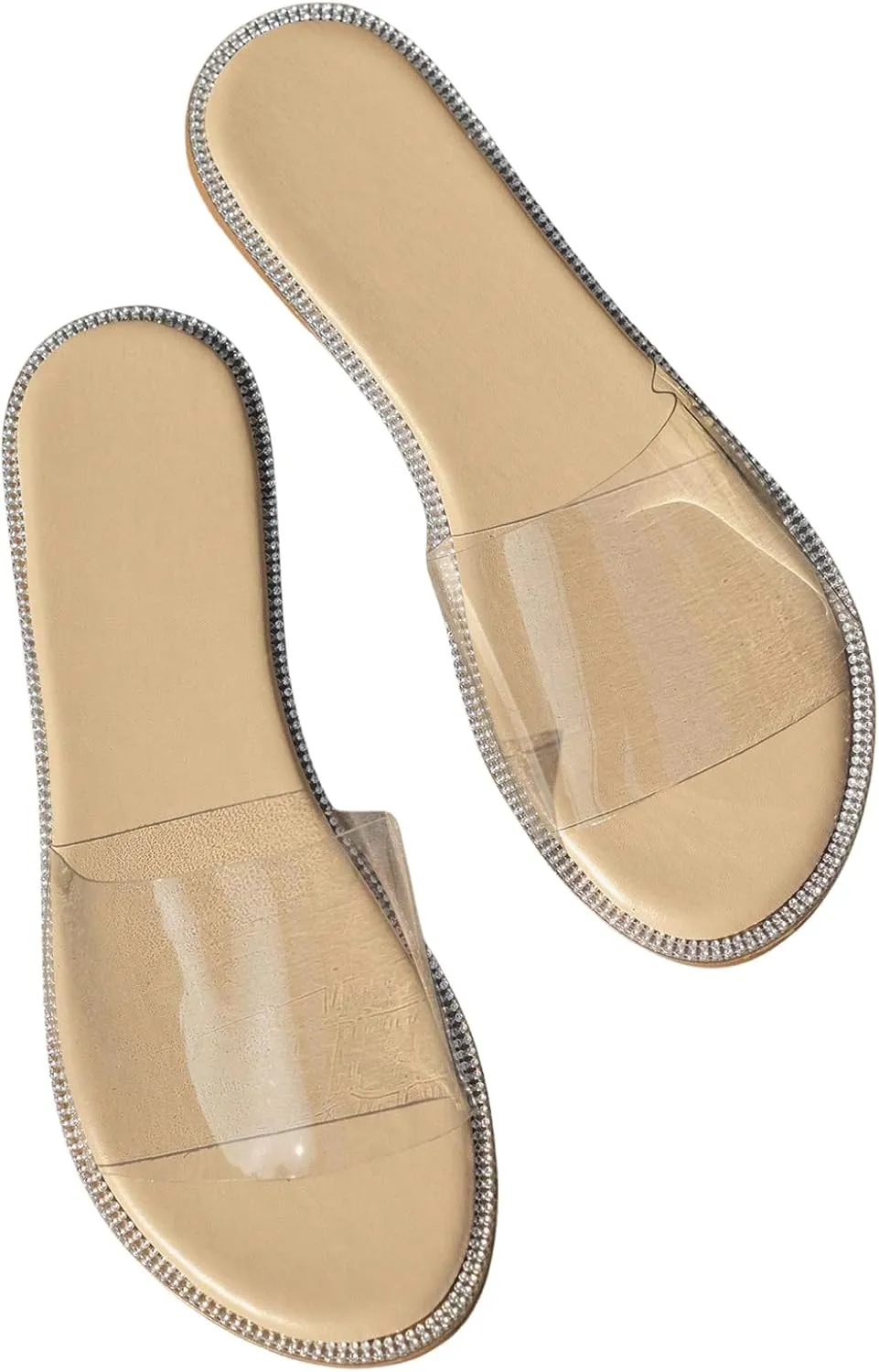 GORGLITTER Women's Rhinestone Clear Flat Sandals Dressy Open Toe Slide Comfrot Sandals
