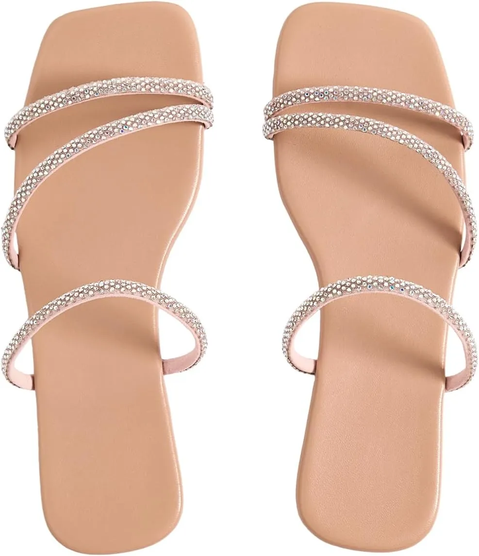 GORGLITTER Women's Rhinestone Flat Strappy Sandals Dress Open Toe Slip on Slide Sandals