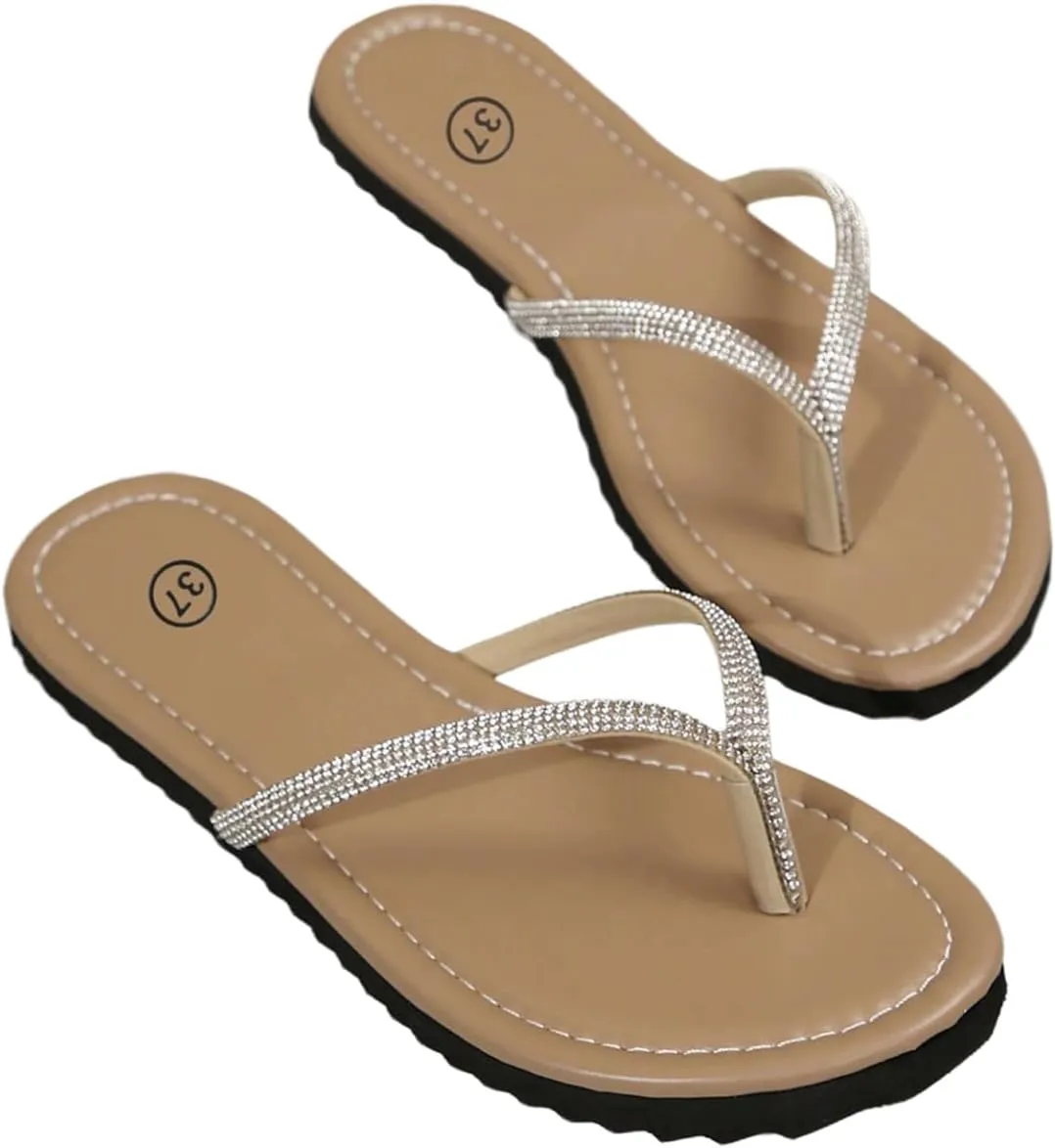 GORGLITTER Women's Rhinestone Flip Flops Beach Vacation Glitter Sparkly Flat Sandals Summer Open Toe Slides