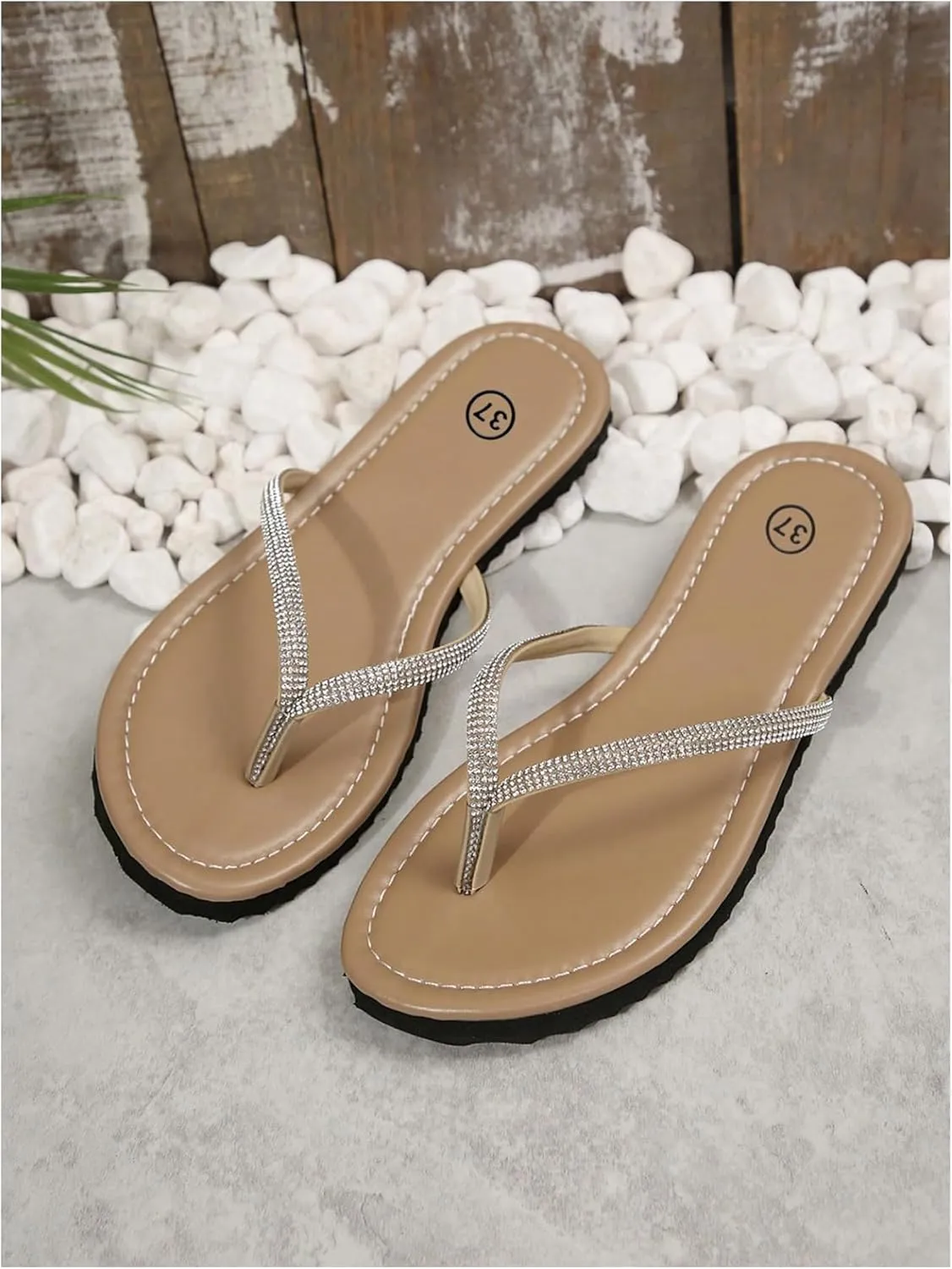 GORGLITTER Women's Rhinestone Flip Flops Beach Vacation Glitter Sparkly Flat Sandals Summer Open Toe Slides