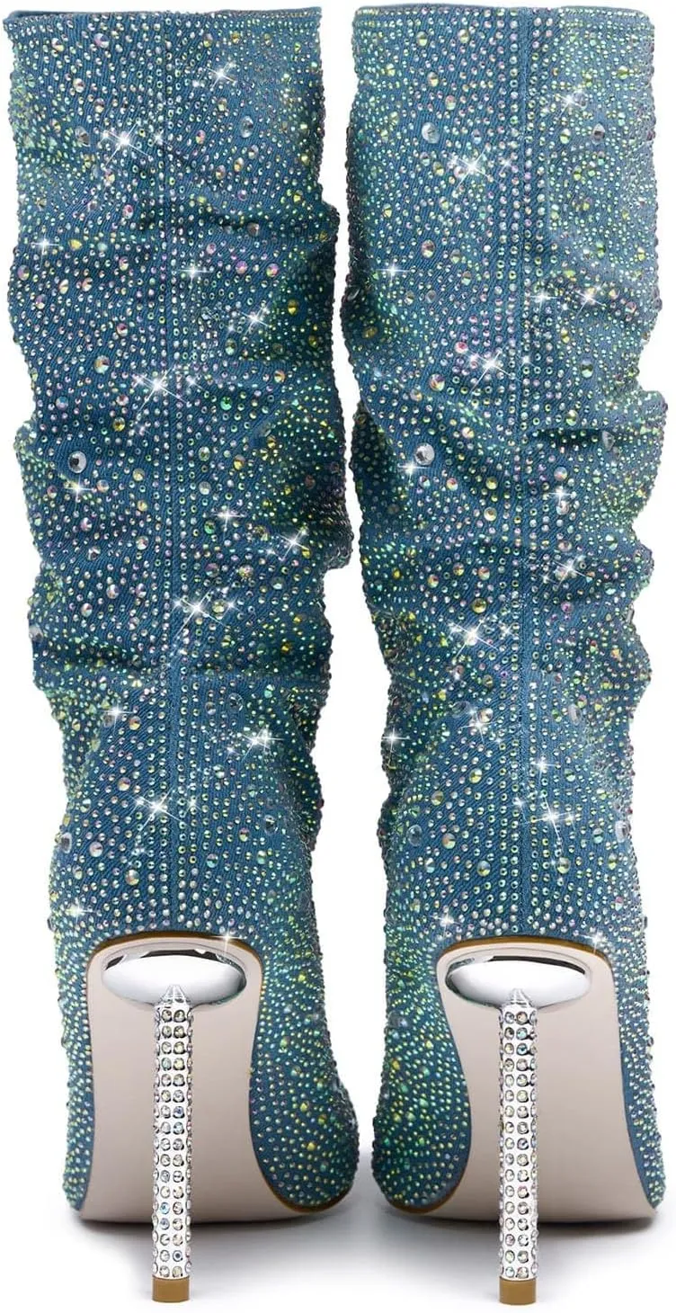 GOSERCE Rhinestone Boots for Women Ankle High Stiletto Heel Hollow Out Breathable Pointed Toe Sexy High Heel Booties Fashion with Side Zipper Party Prom Wedding Birthday