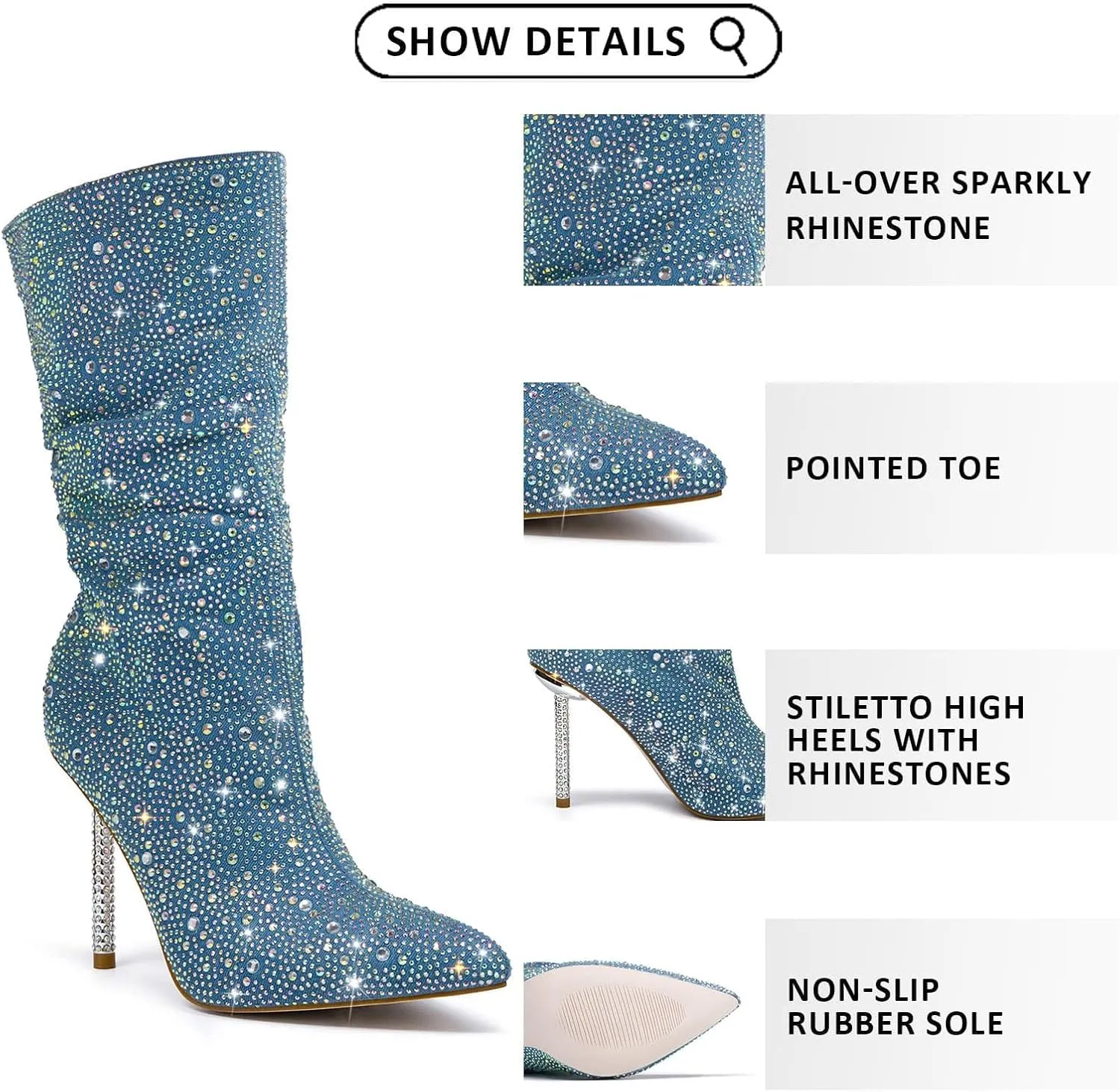 GOSERCE Rhinestone Boots for Women Ankle High Stiletto Heel Hollow Out Breathable Pointed Toe Sexy High Heel Booties Fashion with Side Zipper Party Prom Wedding Birthday