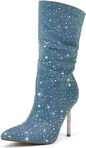 GOSERCE Rhinestone Boots for Women Ankle High Stiletto Heel Hollow Out Breathable Pointed Toe Sexy High Heel Booties Fashion with Side Zipper Party Prom Wedding Birthday