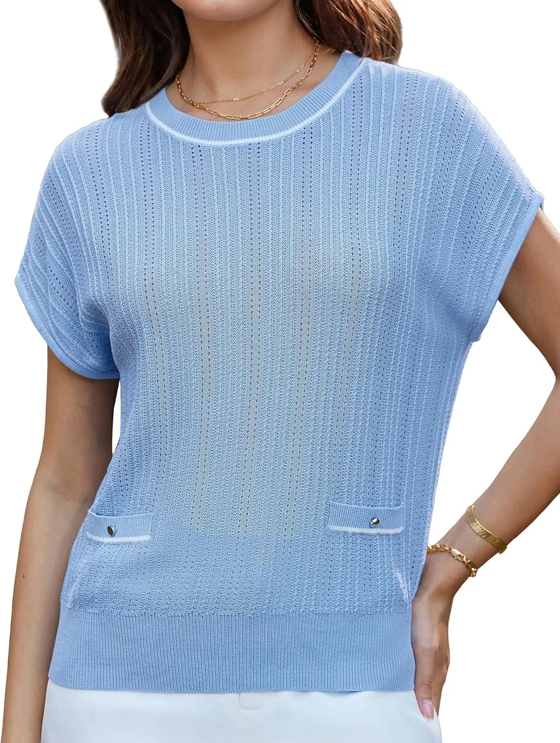 GRACE KARIN Summer Lightweight Short Sleeve Sweater for Women Hollow Crochet Crew Neck Pullover Tops 2025
