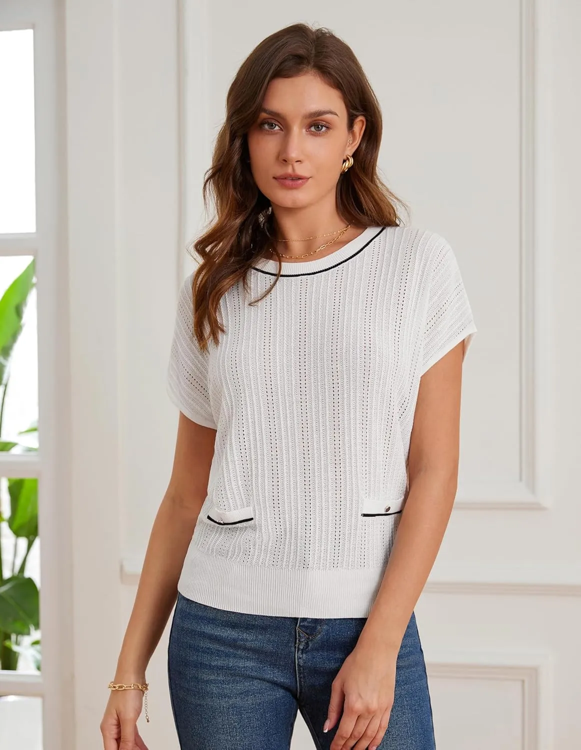 GRACE KARIN Summer Lightweight Short Sleeve Sweater for Women Hollow Crochet Crew Neck Pullover Tops 2025
