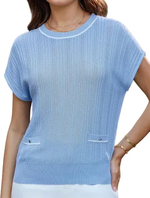 GRACE KARIN Summer Lightweight Short Sleeve Sweater for Women Hollow Crochet Crew Neck Pullover Tops 2025