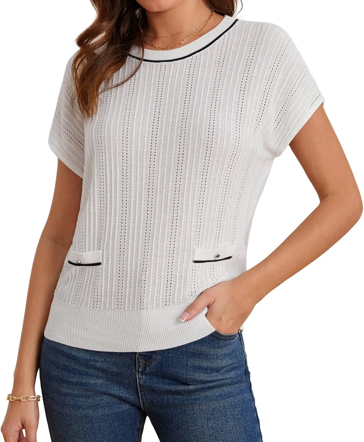 GRACE KARIN Summer Lightweight Short Sleeve Sweater for Women Hollow Crochet Crew Neck Pullover Tops 2025