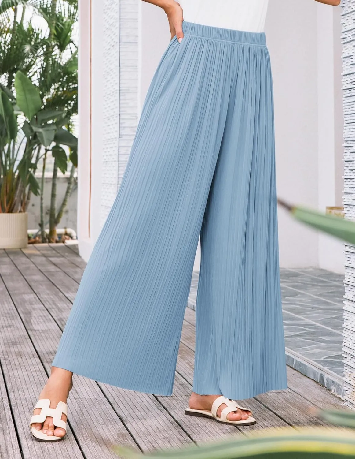 GRACE KARIN Womens Casual Wide Leg Pants Pleated High Elastic Waist Flowy Loose Beach Palazzo Pants Work Trousers Summer